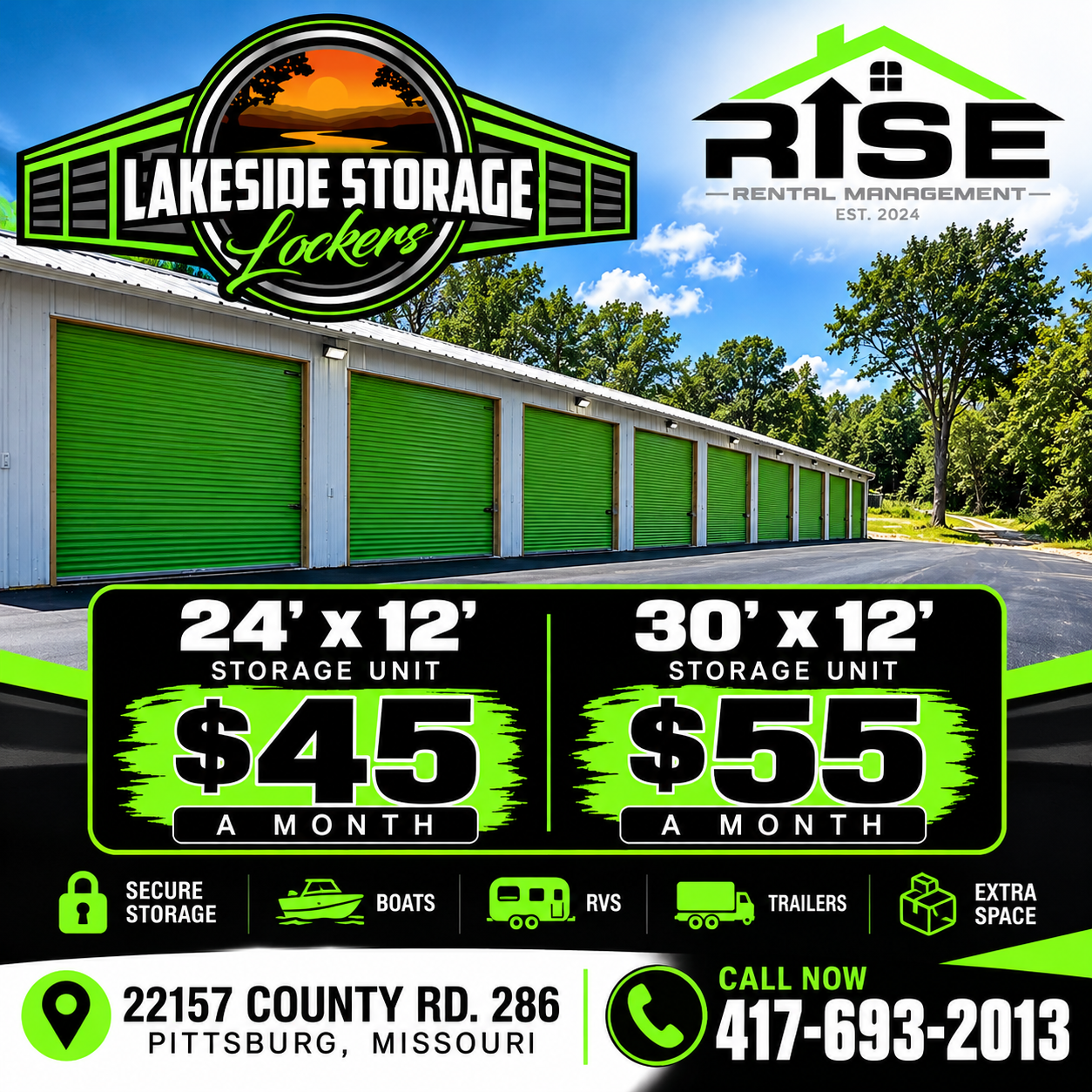 Outdoor Boat/RV/Trailer Parking from $20/mo - Lakeside Storage Lockers, Pittsburg MO